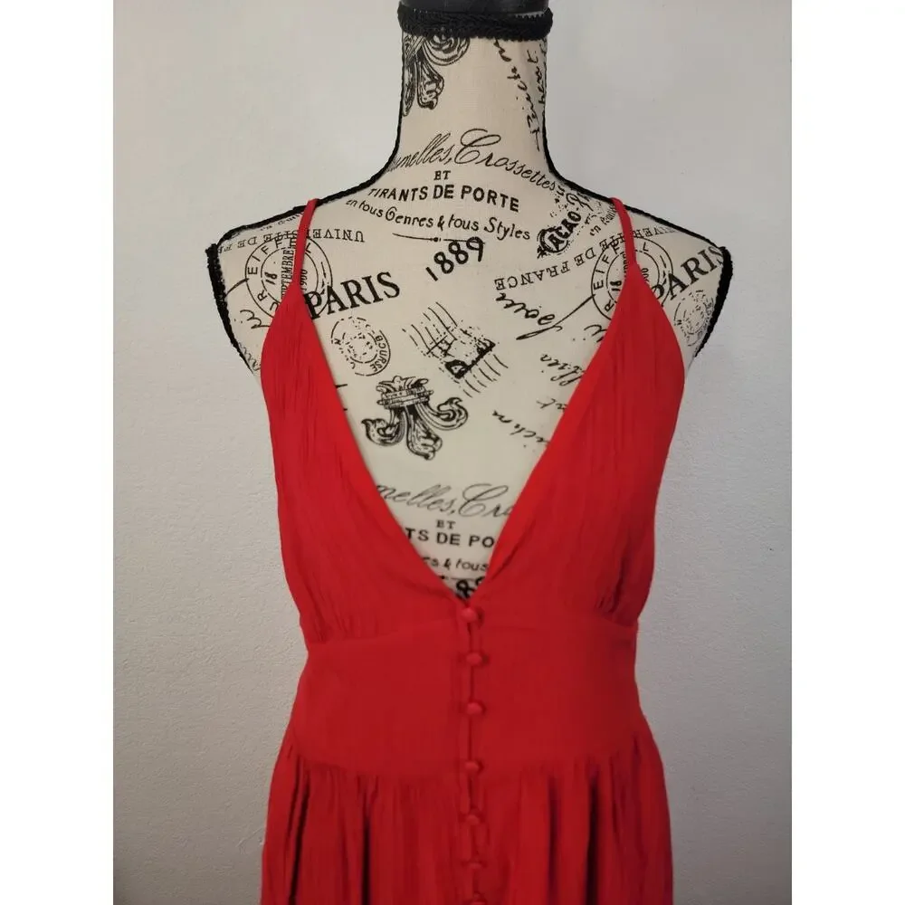 Abercrombie & Fitch Maxi Dress Medium Tall MT Button Front Red Cottage Bohemian